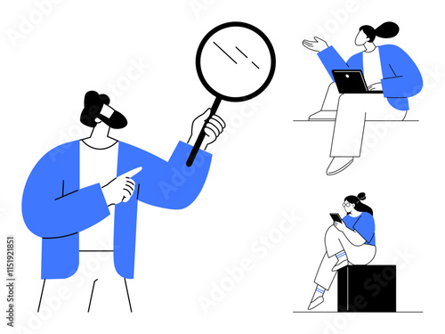 Three characters one holding a magnifying glass, one working on a laptop, and one reading on a mobile device. Ideal for research, technology, education, communication, organization, productivity photo