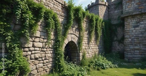 lush greenery and vines covering an old stone castle wall, architecture, greenery, nature photo