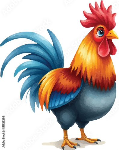 Watercolor vector of a cartoon rooster animation, isolated on a white background, eps file.