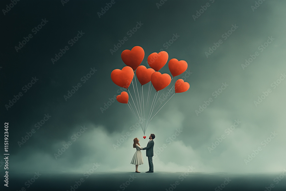 Man and woman stand together, holding heart-shaped balloons in their hands, creating an atmosphere of love. Man and woman stand together, holding heart-shaped balloons in their hands, creating an atmosphere of love.