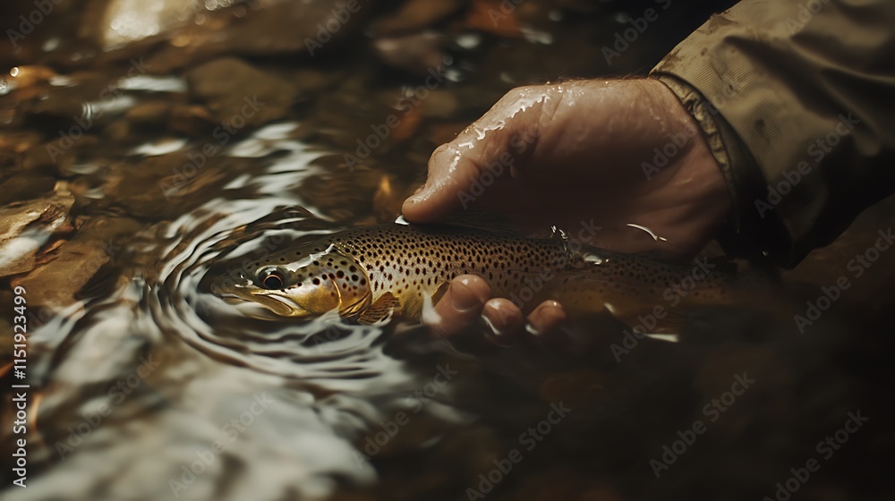 Fototapeta premium A Fisherman Holding a Brown Trout in a River