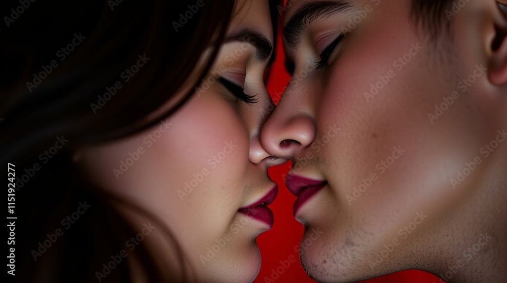Close-up of a young couple sharing a tender moment, their faces inches apart, eyes closed, lips ready to meet. A romantic scene. Close-up of a young couple sharing a tender moment, their faces inches apart, eyes closed, lips ready to meet. A romantic scene.