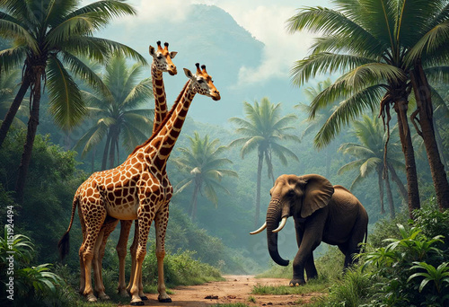 wallpaper elephants giraffe  photo