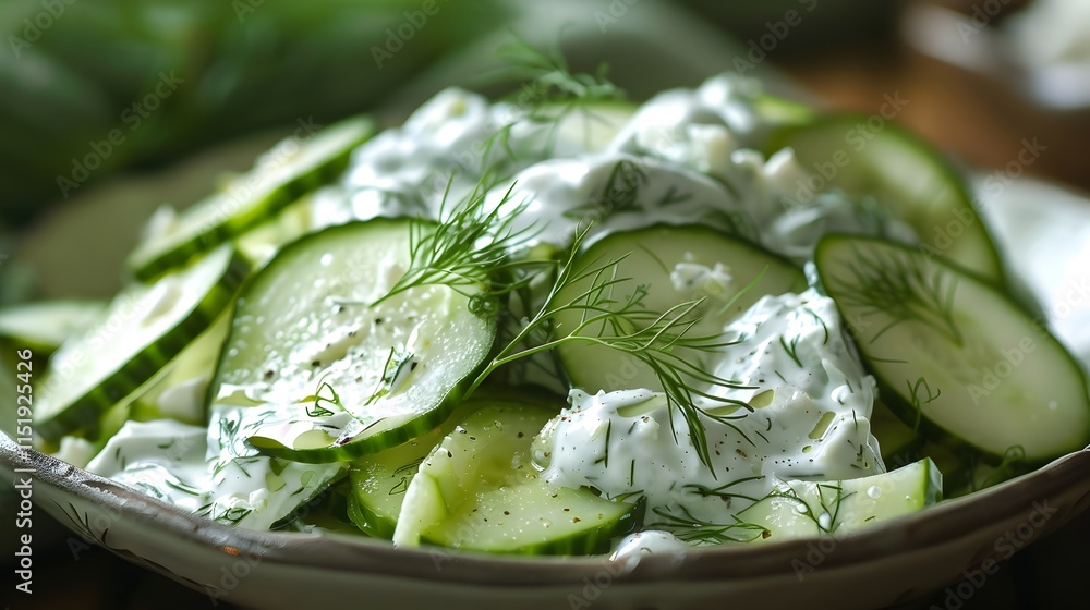 Fresh Sliced Cucumbers with Creamy Dressing and Dill Garnish Fresh Sliced Cucumbers with Creamy Dressing and Dill Garnish