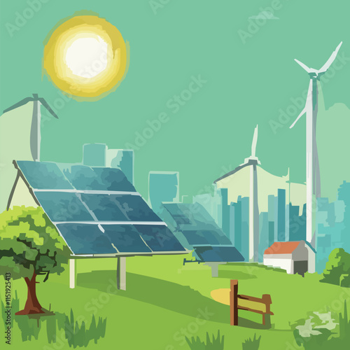 太陽光パネルが設置されている緑のベクターイラスト