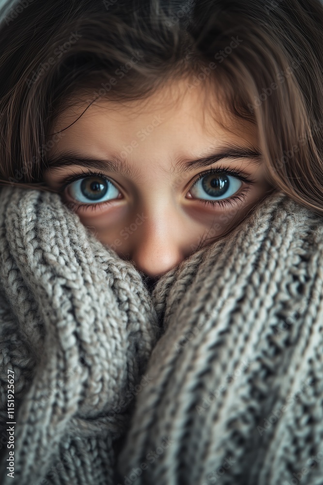 A close-up portrait of a young girl with large, expressive eyes, partially hidden behind a cozy, knitted sweater. The girl's face shows a mix of curiosity and shyness. A close-up portrait of a young girl with large, expressive eyes, partially hidden behind a cozy, knitted sweater. The girl's face shows a mix of curiosity and shyness.