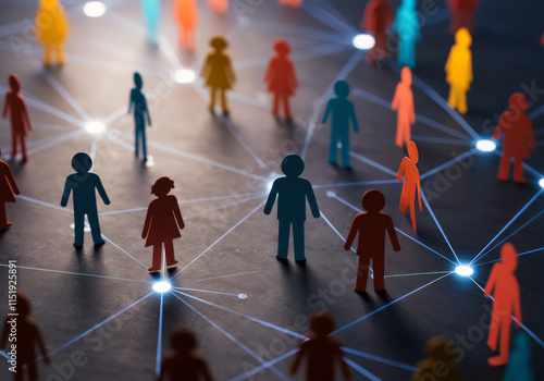 View of a crowd of paper cut people with a network of connections. Big data, smart city, wifi concept.