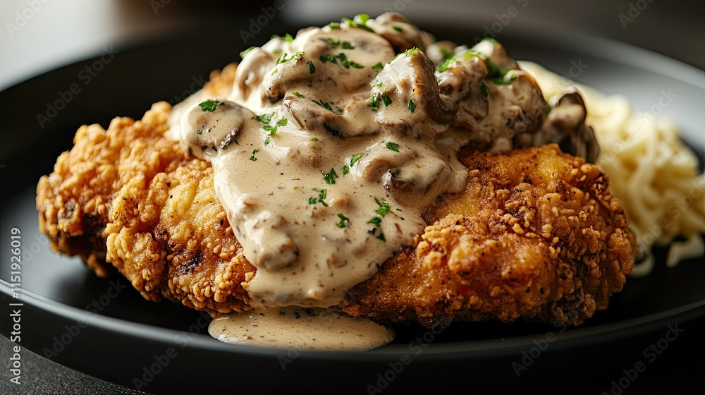 Savory fried chicken breast in creamy mushroom sauce, styled on a black plate with a moody background for culinary concepts. Savory fried chicken breast in creamy mushroom sauce, styled on a black plate with a moody background for culinary concepts.