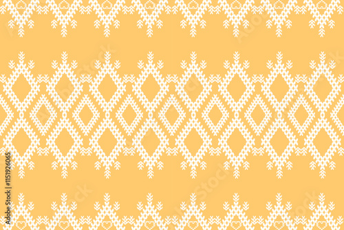 Ikat cross stitch geometric embroidery seamless knitted pattern on damask background. Perfect decorative design for sweater, fabric, decoration, illustration, ornament, texture, textile, interior