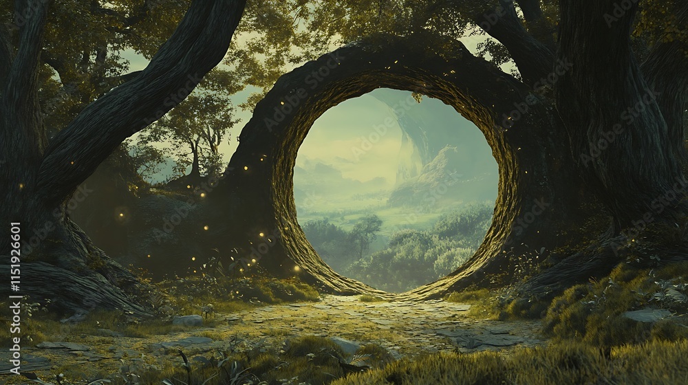 Fototapeta premium A Mystical Forest Opening with a Circular Rock Formation Revealing a Distant Valley.