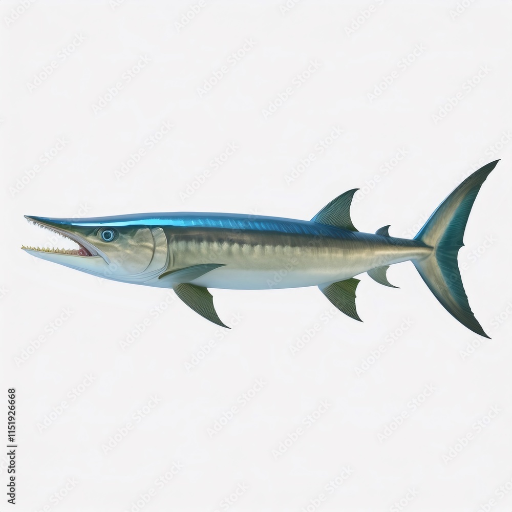 Obraz premium Menacing 3D barracuda rendering, sharp teeth exposed, white background isolation