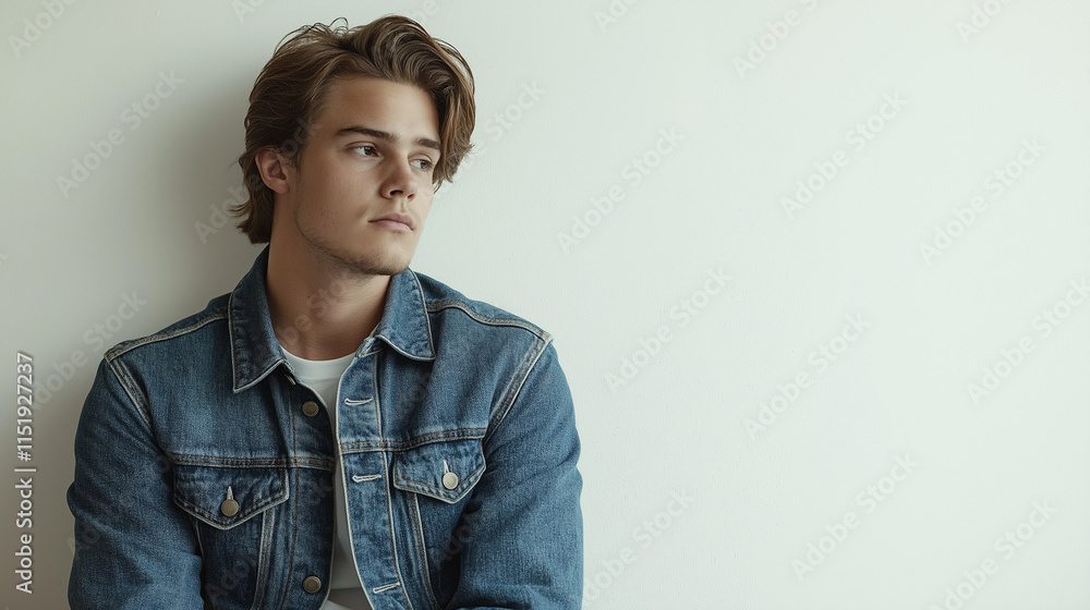 Fototapeta premium Junger Mann in Jeansjacke lehnt nachdenklich an einer Wand.