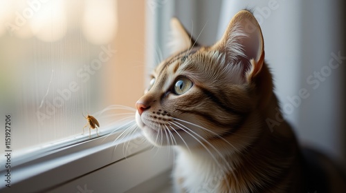 Wallpaper Mural Cat gazing at insect through sunny window. Torontodigital.ca