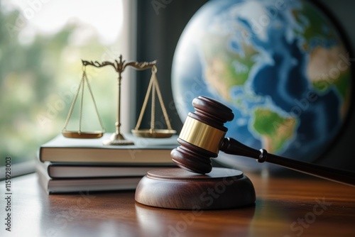 A gavel rests on a wooden desk beside a globe and scales of justice, symbolizing law, justice, and global legal systems in a bright office environment.
