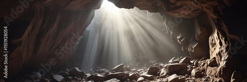 Rays of sunlight filter into the cave through a narrow crevice in the rocky wall, aperture, rays, enlighten