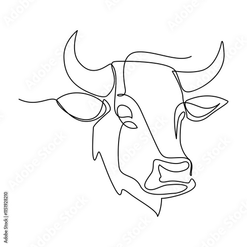 A continuous line drawing of a cow head, Cow head in continuous line art drawing style. Horned cow portrait minimalist black linear sketch isolated on white background. Vector illustration. photo