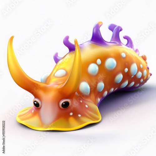 Vibrant cartoon firefly nudibranch gliding playfully across white background, displaying bright orange, yellow, purple colorations photo