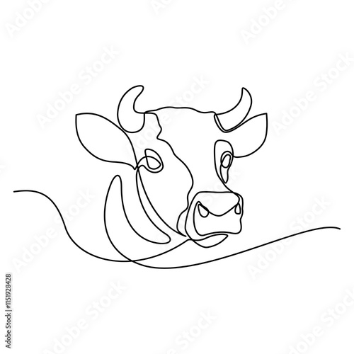 A continuous line drawing of a cow head, Cow head in continuous line art drawing style. Horned cow portrait minimalist black linear sketch isolated on white background. Vector illustration.