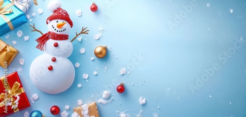 A child s drawing of a snowman displayed on a fridge, surrounded by magnets and holiday-themed artwork, showcasing family creativity photo