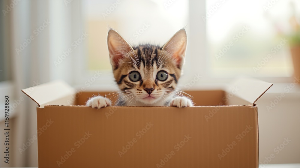 Playful kitten peeking out from cardboard box. Playful kitten peeking out from cardboard box.