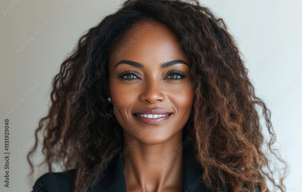 A smiling african woman in a dark business attire, exuding confidence against a white backdrop. A smiling african woman in a dark business attire, exuding confidence against a white backdrop.