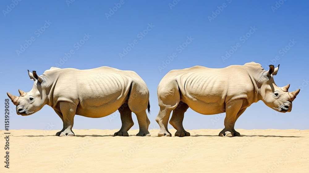 Obraz premium Two white rhinoceros standing side by side in the golden sands of the Kalahari desert, Namibia, under a clear blue sky.