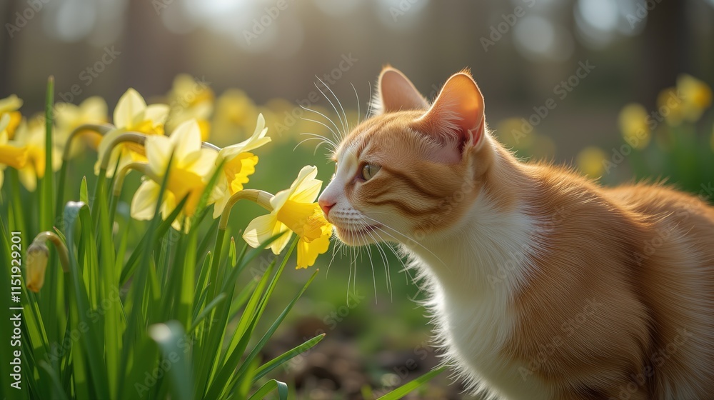 Cat sniffing daffodil in sunny garden. Cat sniffing daffodil in sunny garden.