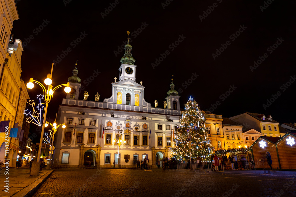 Town Hall and Christmas tree in Ceske Budejovice. Christmas Eve. Town Hall and Christmas tree in Ceske Budejovice. Christmas Eve.