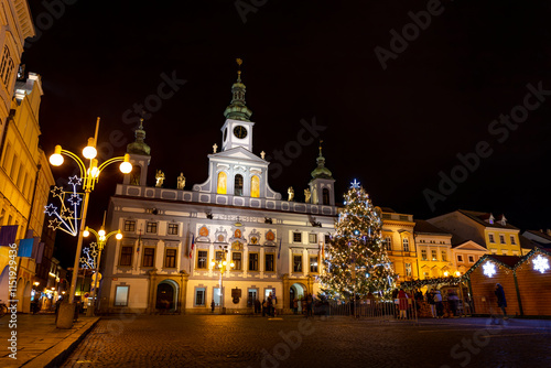 Town Hall and Christmas tree in Ceske Budejovice. Christmas Eve.