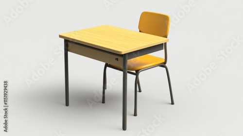 3D Render of a School Desk and Chair, simple design, yellow and wood, educational setting