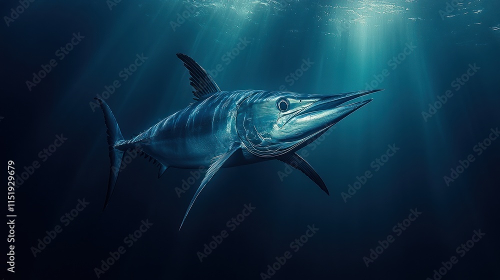 Naklejka premium Swordfish swims in sunlit ocean depth, blue hues.