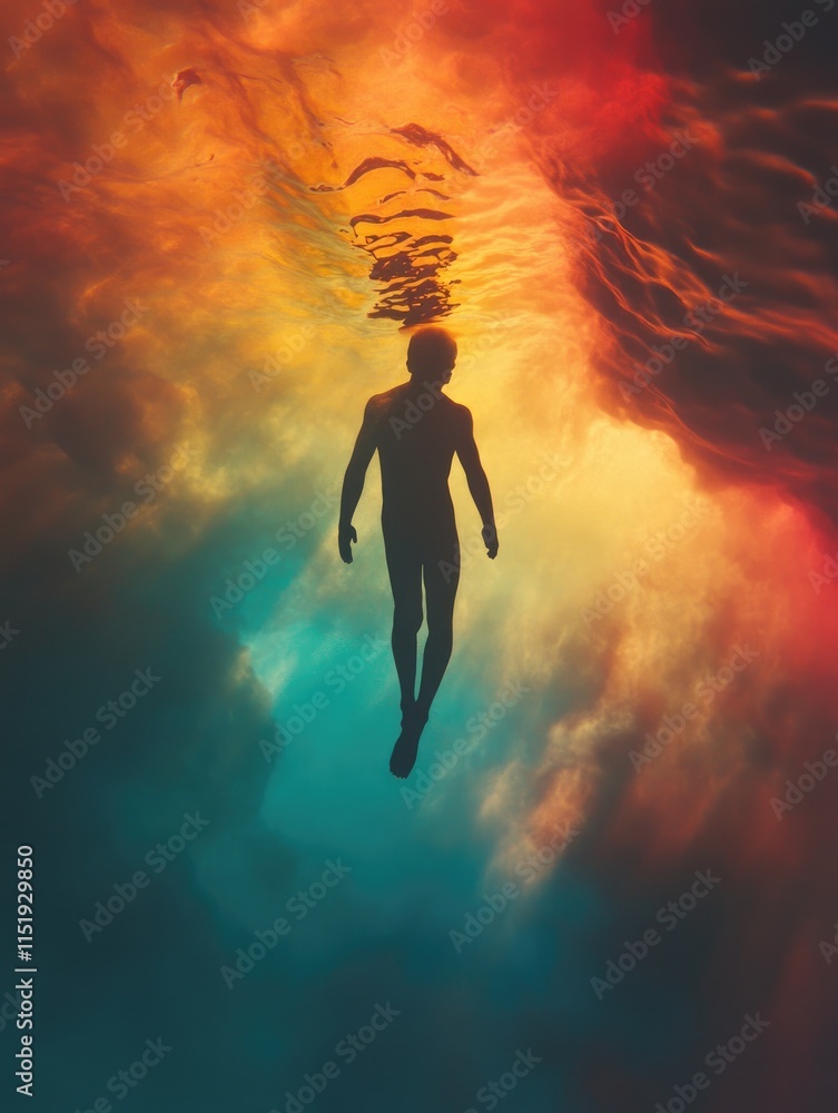 Naklejka premium A silhouetted figure swims through vibrant, colorful underwater light.