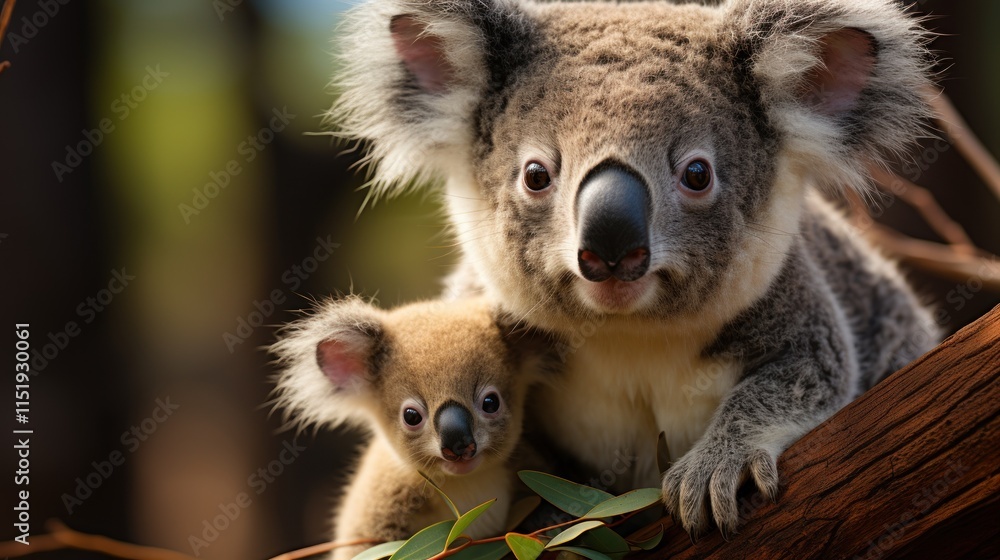 Adorable Koala Duo: Mother and Joey on Eucalyptus Branch Adorable Koala Duo: Mother and Joey on Eucalyptus Branch