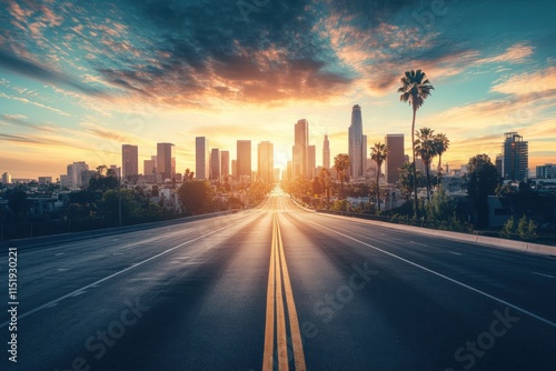 Vibrant Sunset Over Los Angeles Skyline with Dramatic Clouds and Empty Road Leading to City Center in a Scenic Urban Landscape