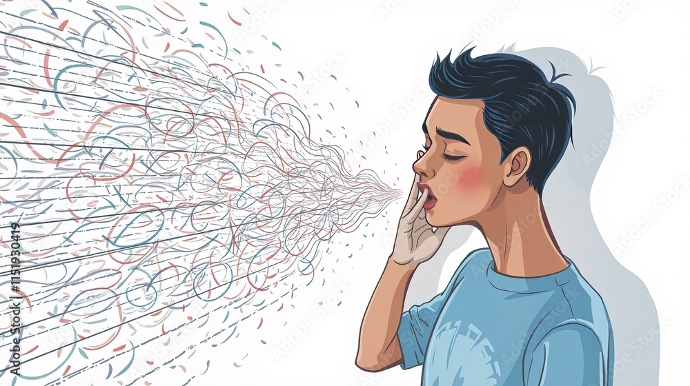 Illustration of a man coughing with airborne particles. Illustration of a man coughing with airborne particles.