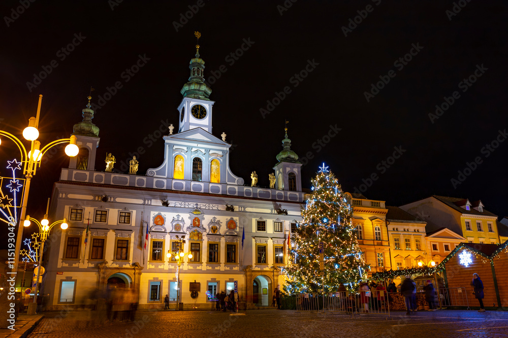 Town Hall and Christmas tree in Ceske Budejovice. Christmas Eve.