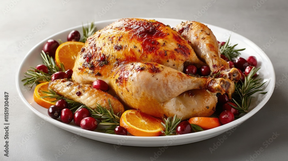 Whole roasted chicken garnished with cranberries and orange slices, styled on a grey background with space for text. Whole roasted chicken garnished with cranberries and orange slices, styled on a grey background with space for text.