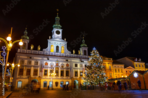 Obraz na płótnie Town Hall and Christmas tree in Ceske Budejovice. Christmas Eve. w salonie