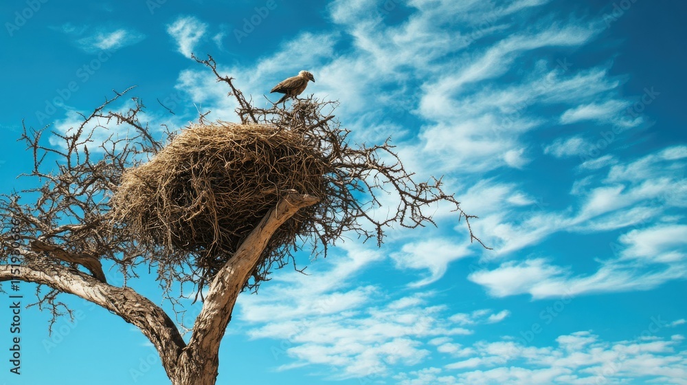Wildlife and nature in harmony: a sociable weaver nest perched on a tree in the Namib desert under a vivid blue sky. Wildlife and nature in harmony: a sociable weaver nest perched on a tree in the Namib desert under a vivid blue sky.