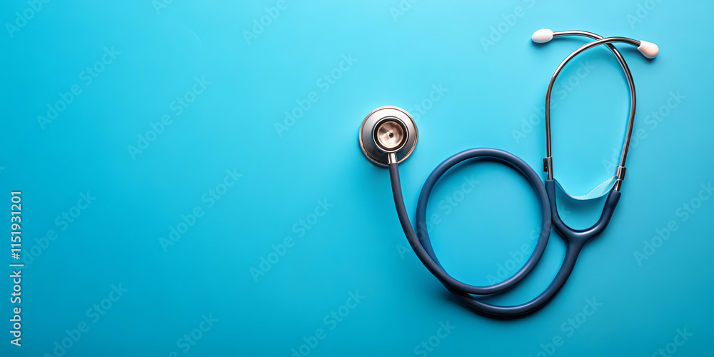 Fototapeta premium A stethoscope lies on a vibrant blue surface, symbolizing the medical field. The professional equipment is prepared for health assessments and examinations