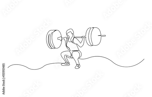 Woman lifting weights continuous one line drawing, One continuous line drawing young bodybuilder woman doing exercise with a heavy weight bar in gym. Powerlifter train weightlifting concept.