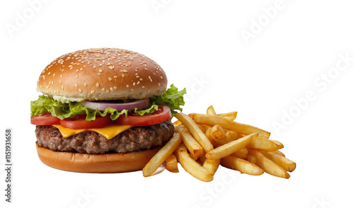 Delicious burger and french potato fries, cut out

