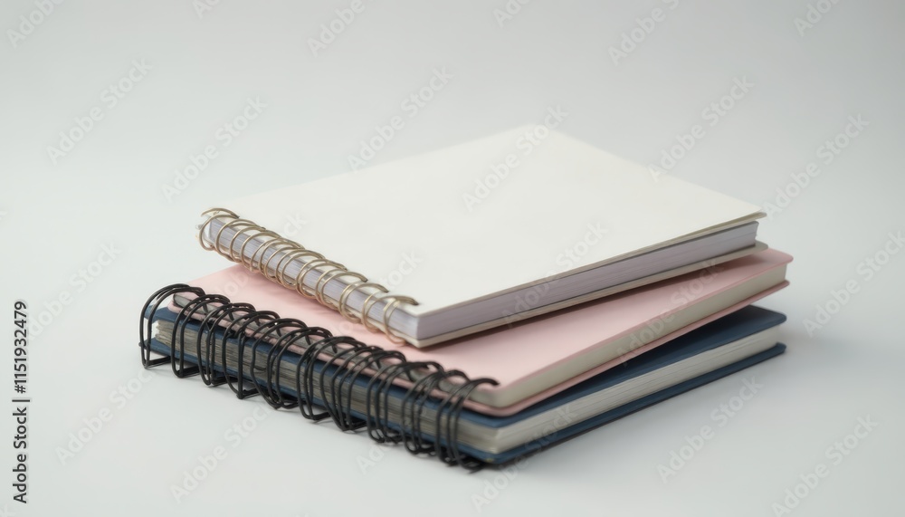 Notebook Stack Mockup. Stack of blank notebooks with spiral binding on a light background, ideal for stationery and school supplies Notebook Stack Mockup. Stack of blank notebooks with spiral binding on a light background, ideal for stationery and school supplies