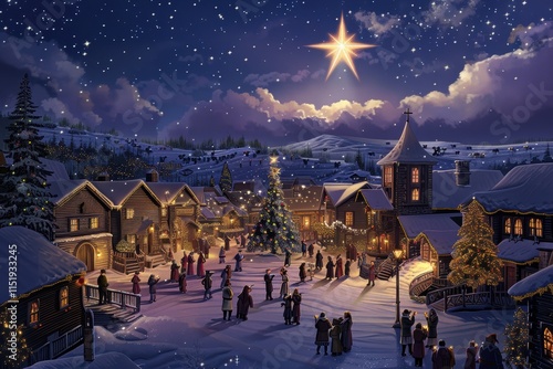 A glowing Christmas star shining in a clear night sky over a snowy village photo