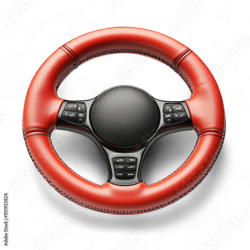 Red leather steering wheel with buttons isolated on transparent background, PNG photo