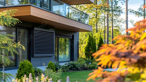 A close-up shot of a sleek, energy-efficient heat pump, positioned in front of a modern architectural home with vibrant greenery around. photo