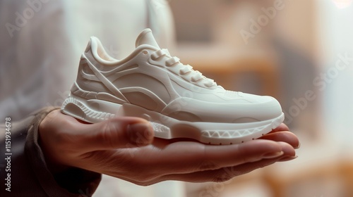 Hand with 3d printed shoe figure close-up photo