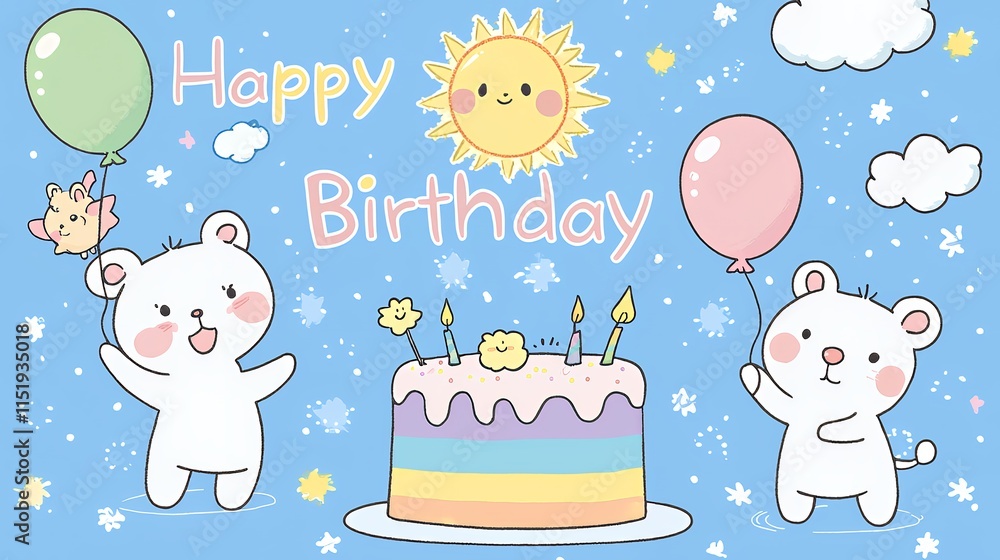 Happy Birthday Card: Cute Bears, Cake, and Balloons! Happy Birthday Card: Cute Bears, Cake, and Balloons!
