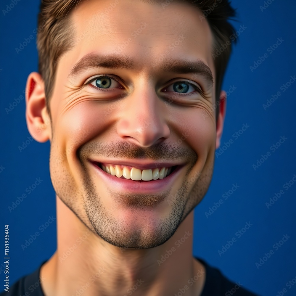 Close-up portrait of a smiling man against a deep blue background. His joyful expression and bright smile are captivating. Close-up portrait of a smiling man against a deep blue background. His joyful expression and bright smile are captivating.