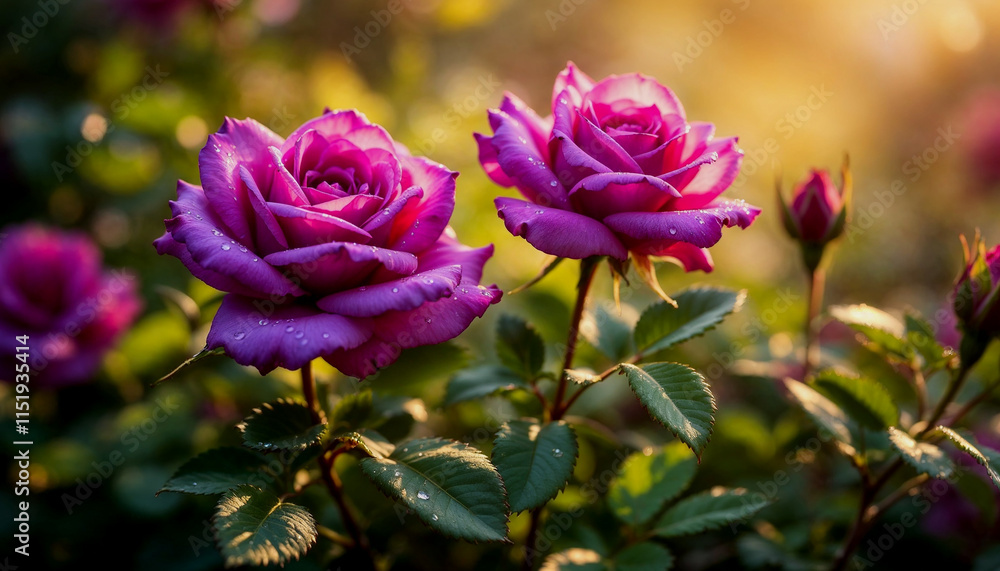 Deep purple roses with clear water droplets on the smooth petals, nestled among vibrant green leaves, in a serene garden setting during early morning Deep purple roses with clear water droplets on the smooth petals, nestled among vibrant green leaves, in a serene garden setting during early morning